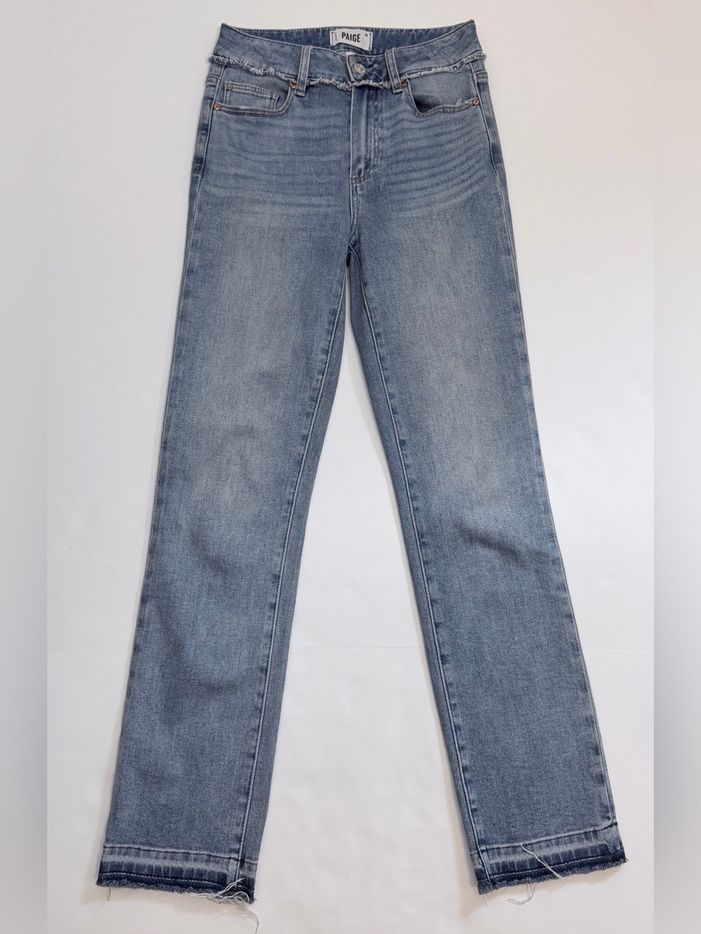 PAIGE Cindy High Rise Straight Jeans 25 Undone Waist Raw Hem Model Off Duty
